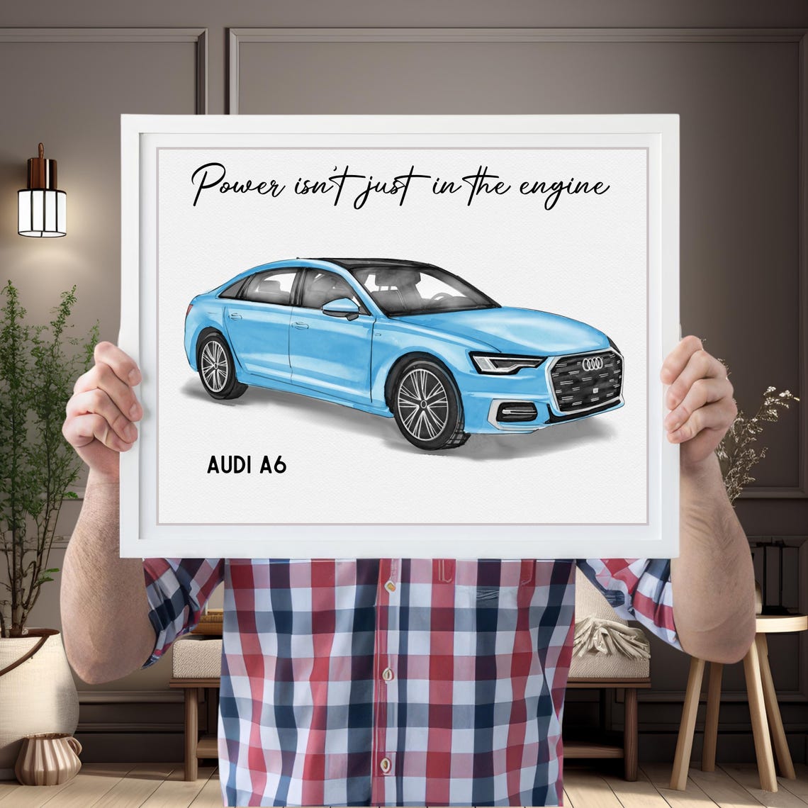 Light Blue Audi A6 Sedan Watercolor Style Custom Car Portrait Poster