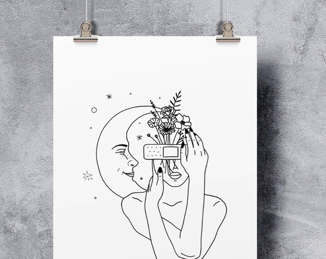 Sleepy Mind Moon Kiss Dreamy Band Aid Flower Line Art Poster - Image 4