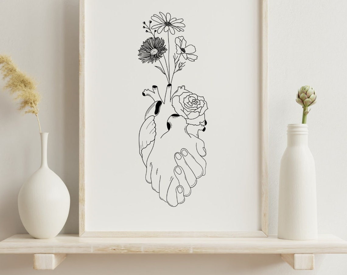 Never Forget Hand Holding Heart Bloom Floral Line Art Poster