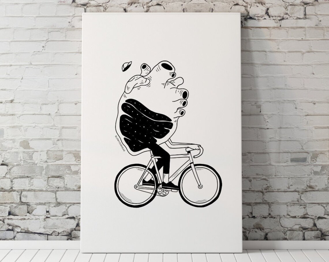 Bike Love Heart Riding Bicycle Quirky Night Sky Surreal Art Poster