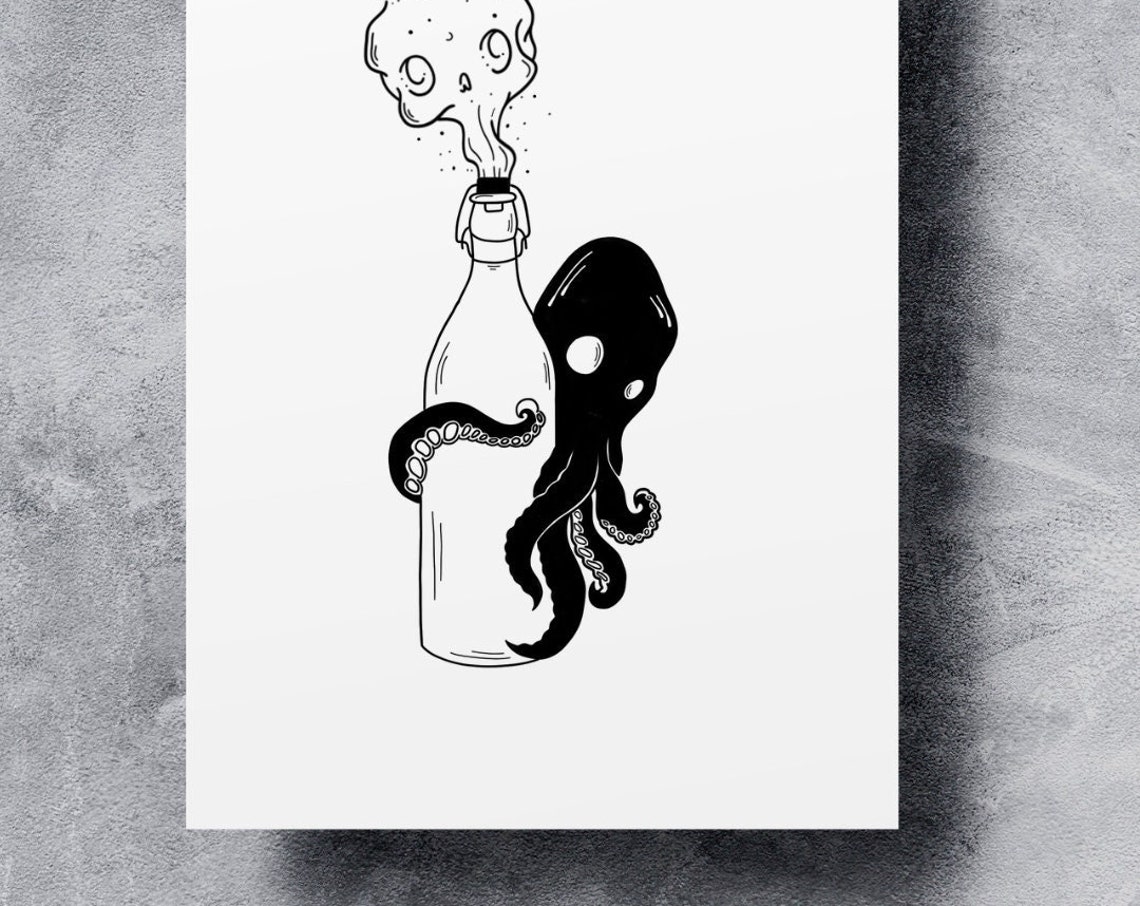 Octopus Bottle Strange Dark Sea Creature Tentacle Ink Art Poster - Image 4