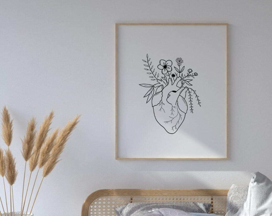 Heart Flowers Anatomical Heart Bloom Line Art Black and White Poster