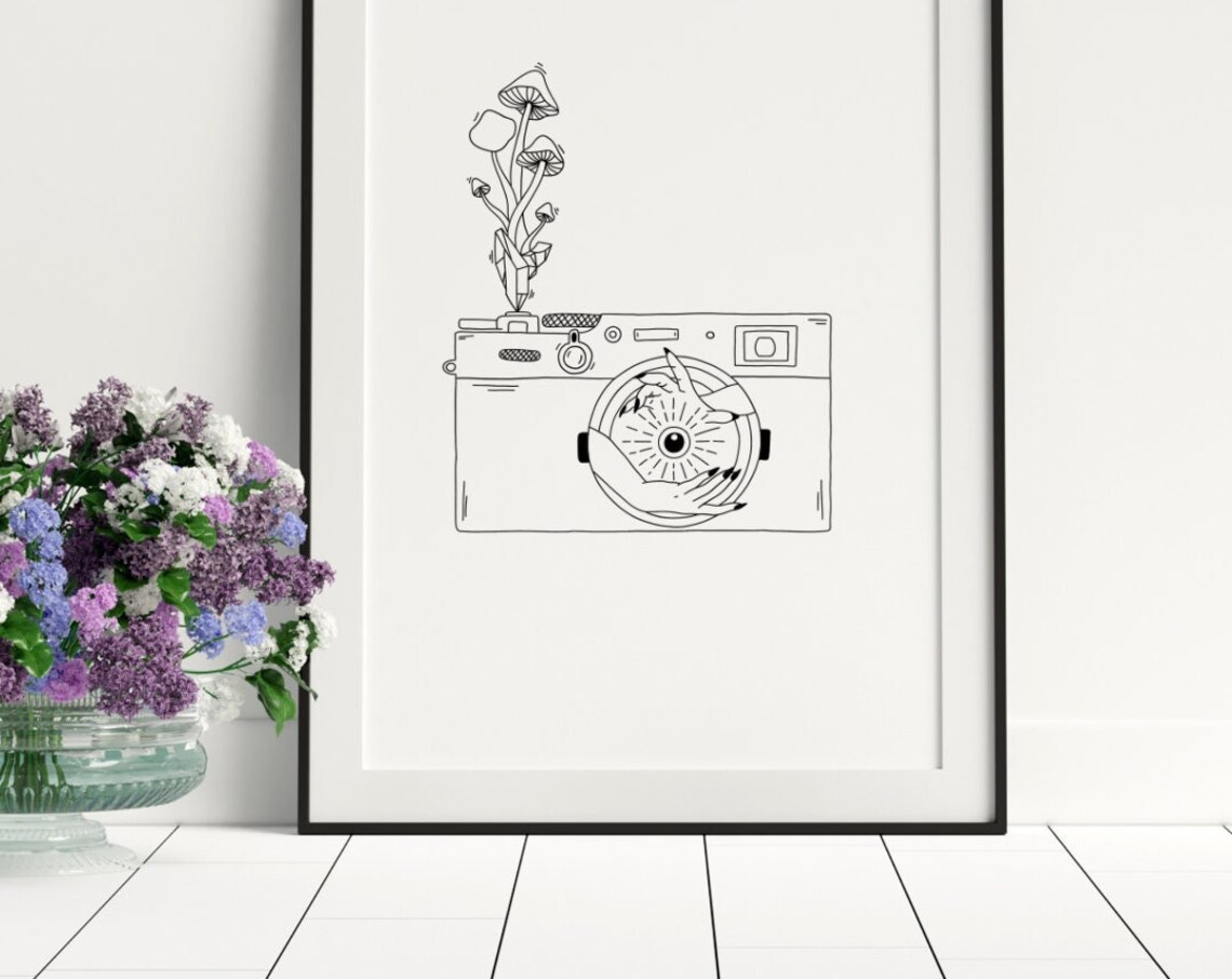 Photo Love Vintage Camera Claw Hand Mushroom Surreal Art Poster