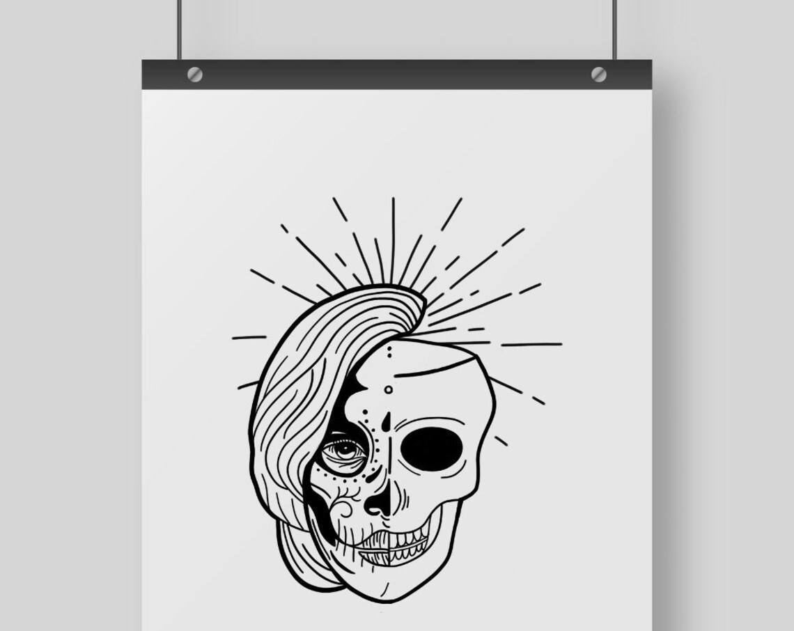 Mexican Skull Woman Face Sunburst Gothic Day of Dead Art Poster - Image 4