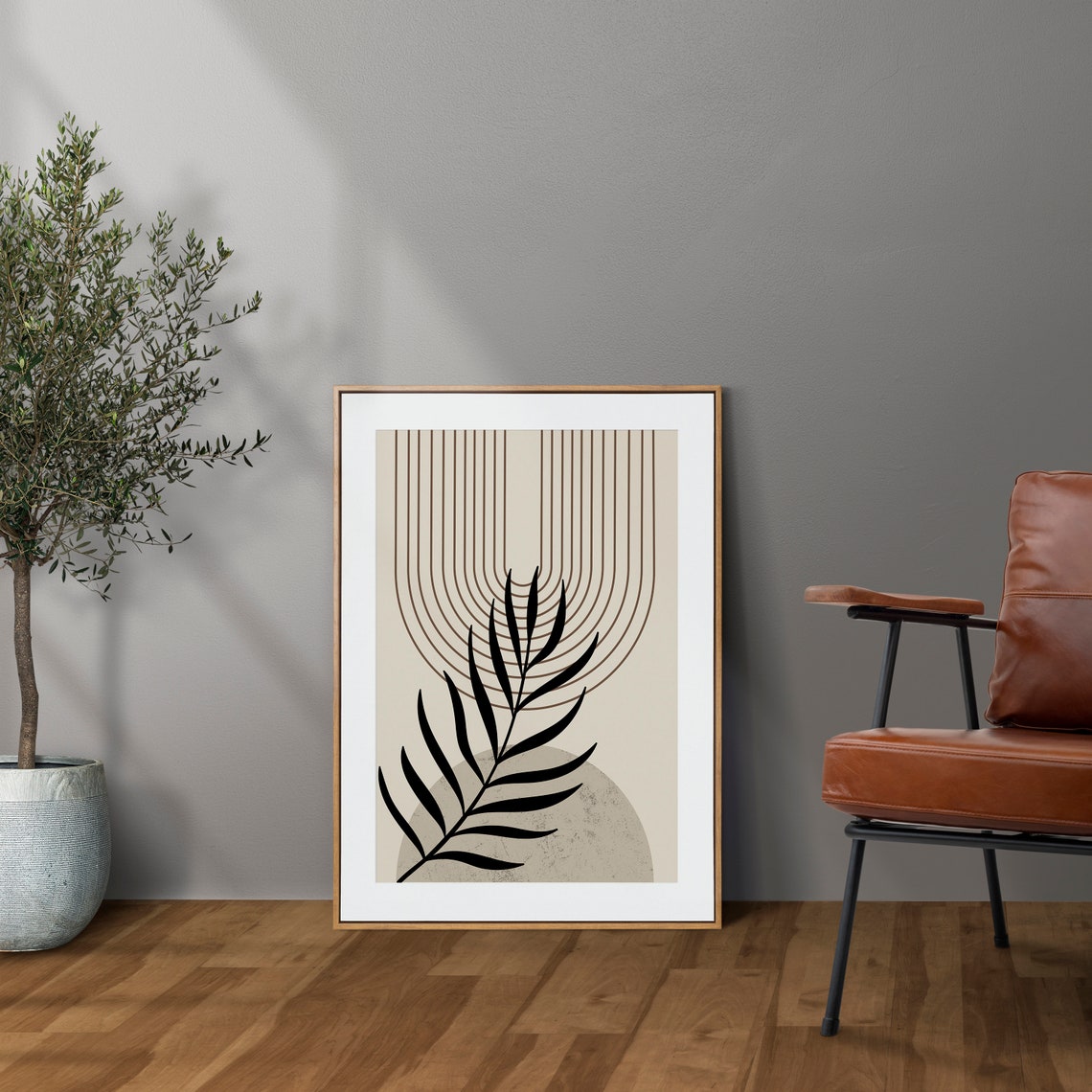 Mid Century Black Palm Leaf Arch Lines Neutral Botanical Poster - Image 5