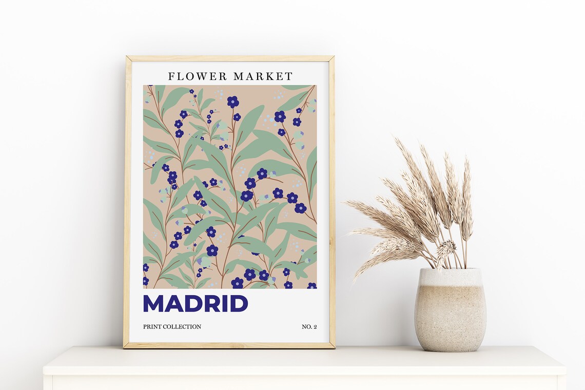 Madrid Flower Market Blue Berries Botanical Retro City Art Poster - Image 3