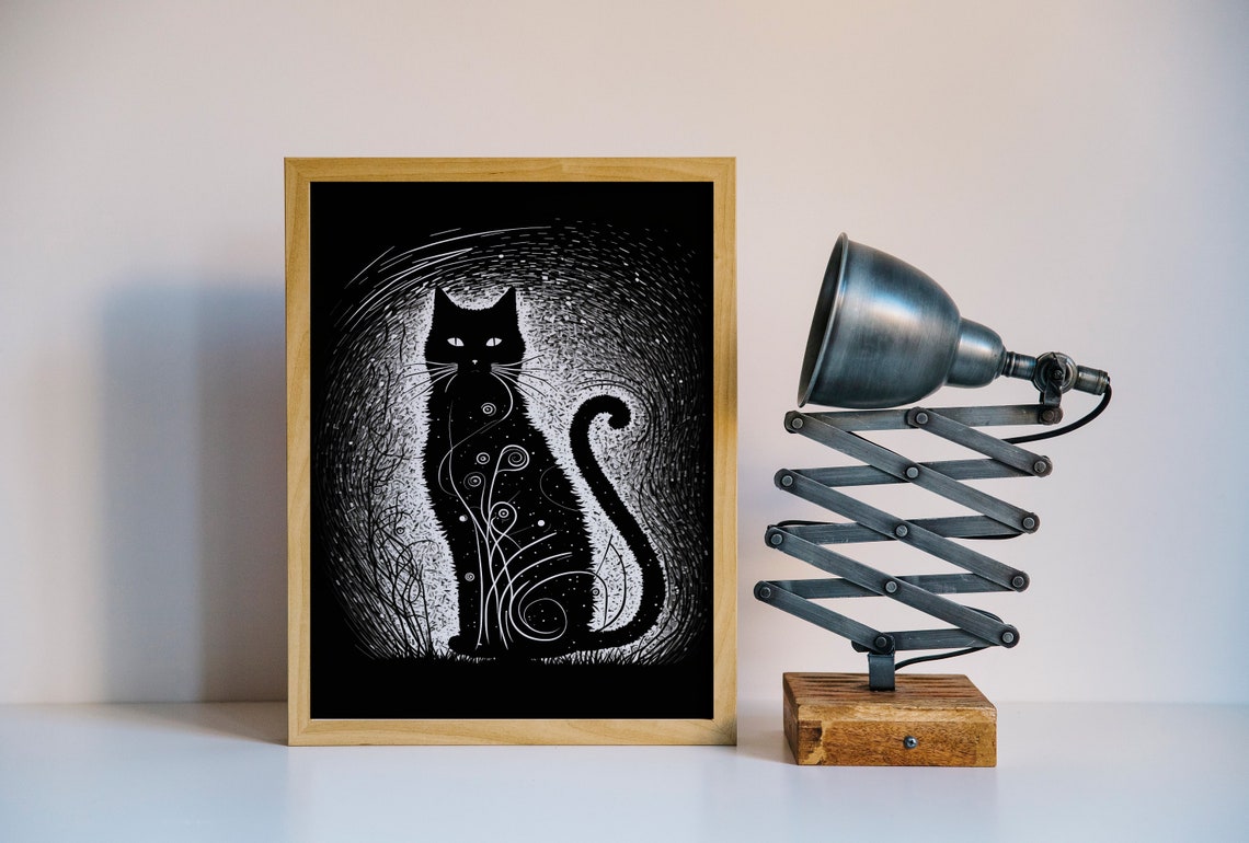 Mystical Black Cat Scratchboard Portrait Minimalist Animal Poster - Image 5