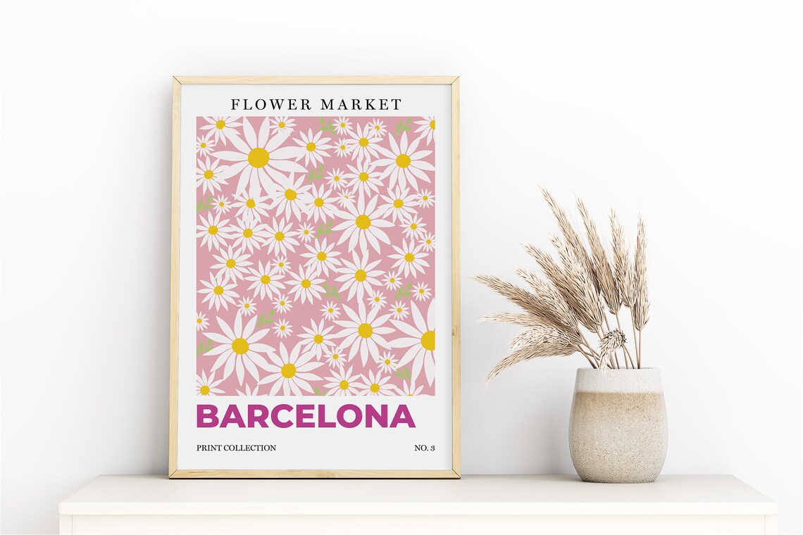 Barcelona Flower Market White Daisies Botanical Retro City Art Poster - Image 3