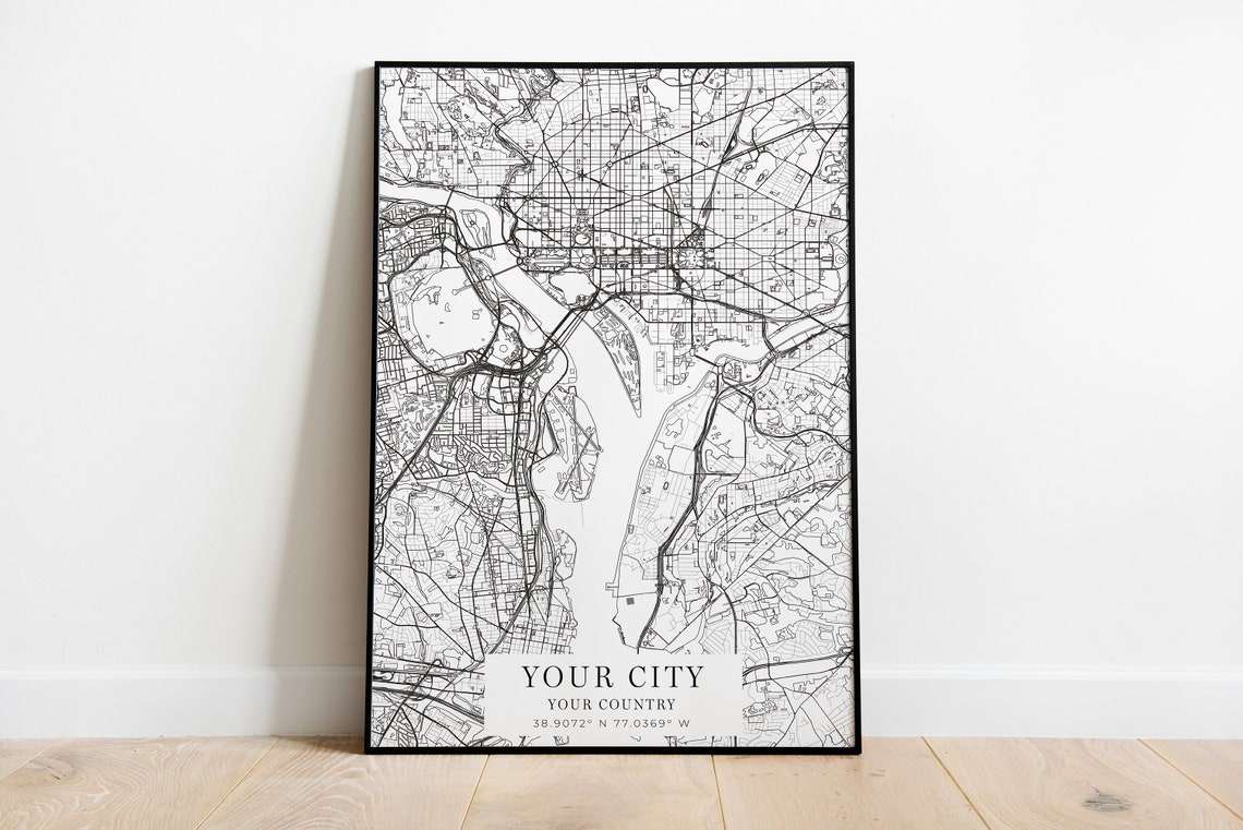 Personalized City Map Poster Custom Map Art Black and White Minimalist