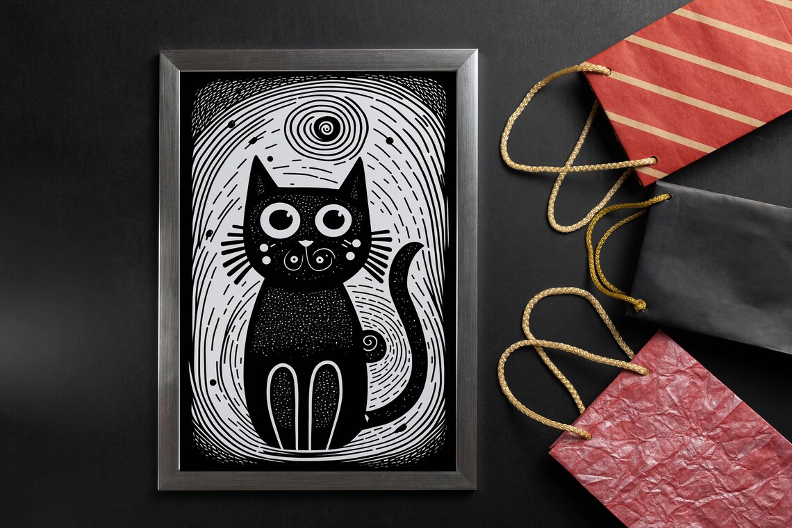 Black Cat Woodcut Style Big Eyes Whimsical Folk Art Animal Poster - Image 5