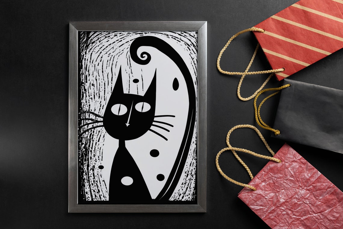 Black Cat Curly Tail Whimsical Bold Line Modern Animal Art Poster - Image 5
