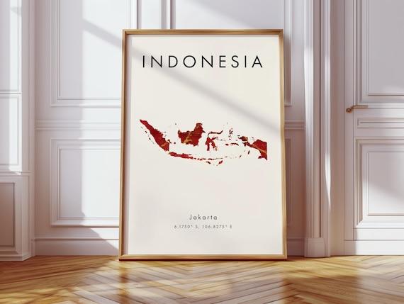 Indonesia Map Poster Red And Gold Asia Wall Art Print Home Decor Geography Gift Wallpaper