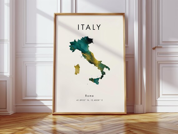 Italy Map Poster Green And Gold Europe Wall Art Print Home Decor Geography Gift Wallpaper