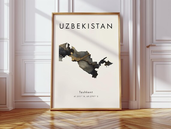 Uzbekistan Map Poster Black And Gold Asia Wall Art Print Home Decor Geography Gift Wallpaper