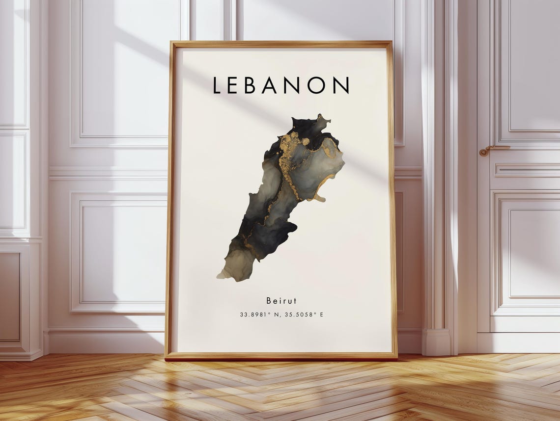 Lebanon Black Gold Marble Map Beirut Coordinates Modern Minimal Poster