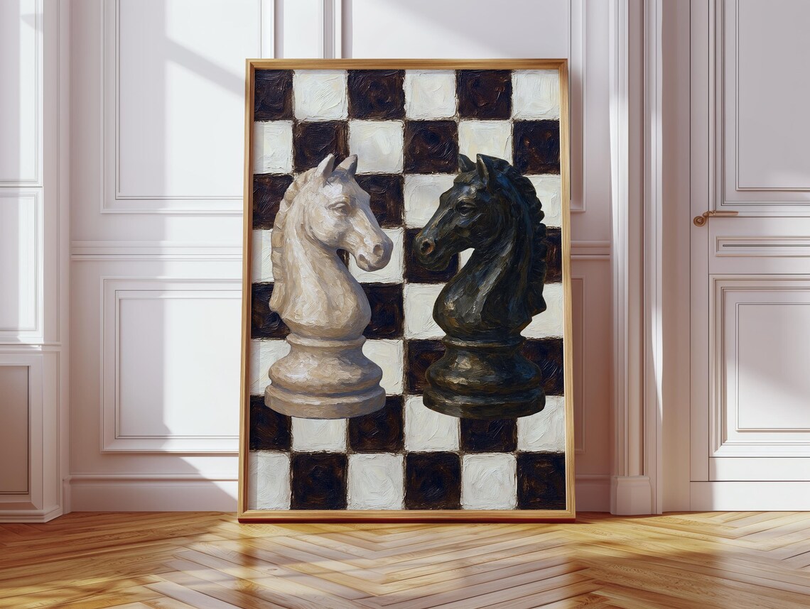 Chess Knights White Black Horse Pieces Checkered Oil Painting Game Poster
