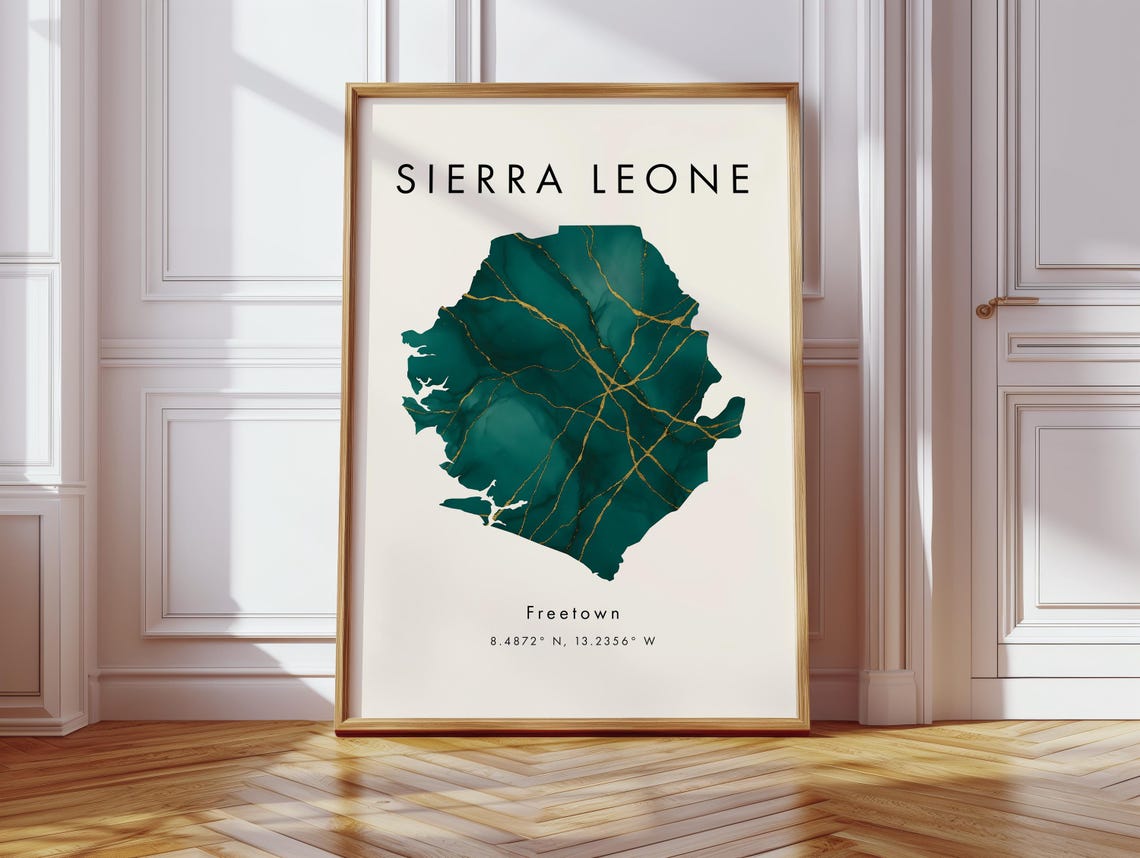 Sierra Leone Green and Gold Map Poster with Freetown Coordinates