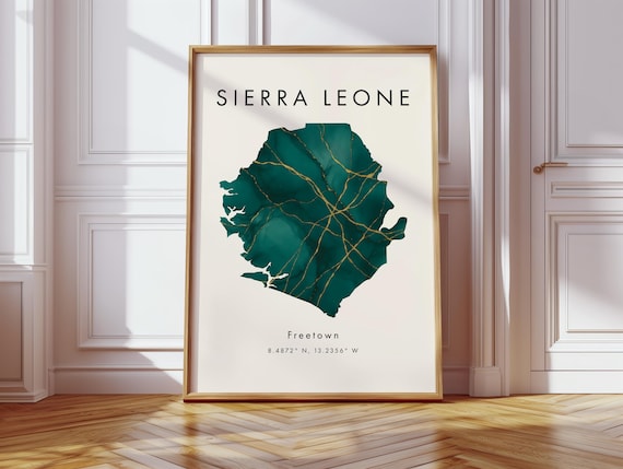 Sierra Leone Map Poster Green And Gold Africa Geography Gift Wallpaper