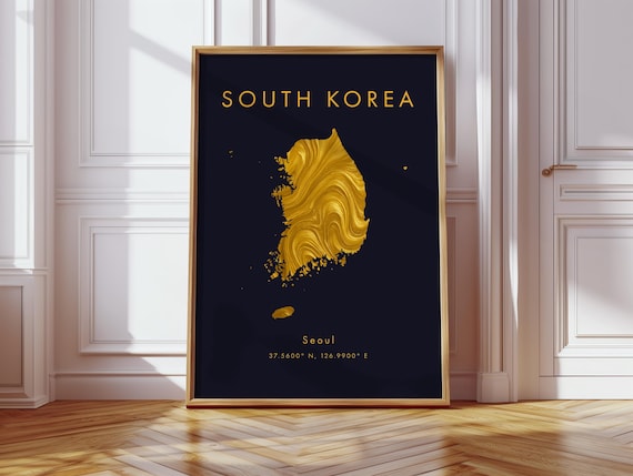 South Korea Map Poster Gold Asia Wall Art Print Home Decor Geography Gift Wallpaper