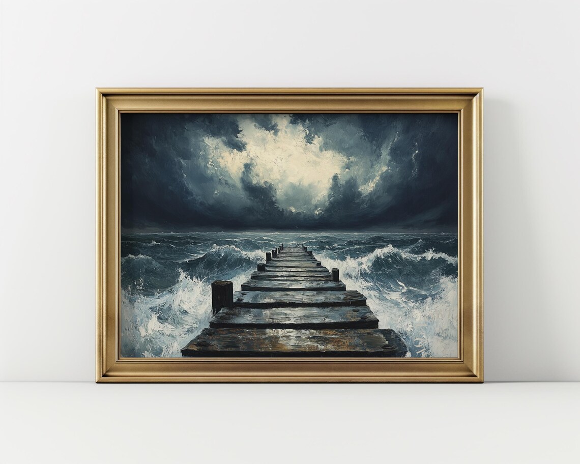 Thunderous Skies Over Remote Bay, Moody Seascape Art Print