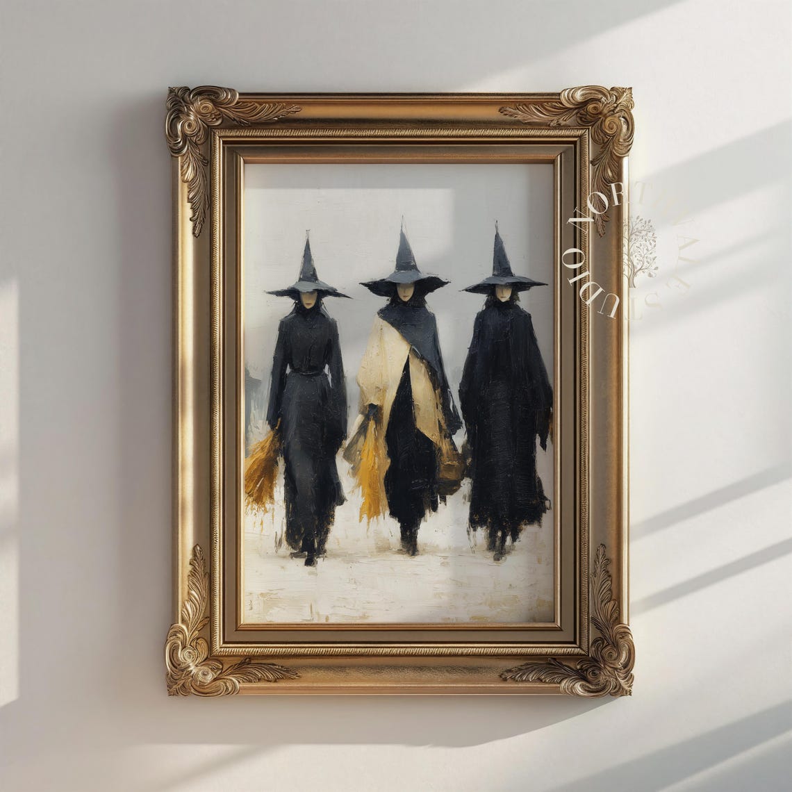 Three Witches Walking in Black Hats Dark Gothic Vintage Oil Poster