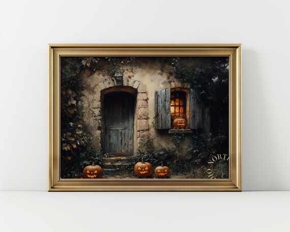 Rustic Autumn Cottage, Vintage Halloween Art Print