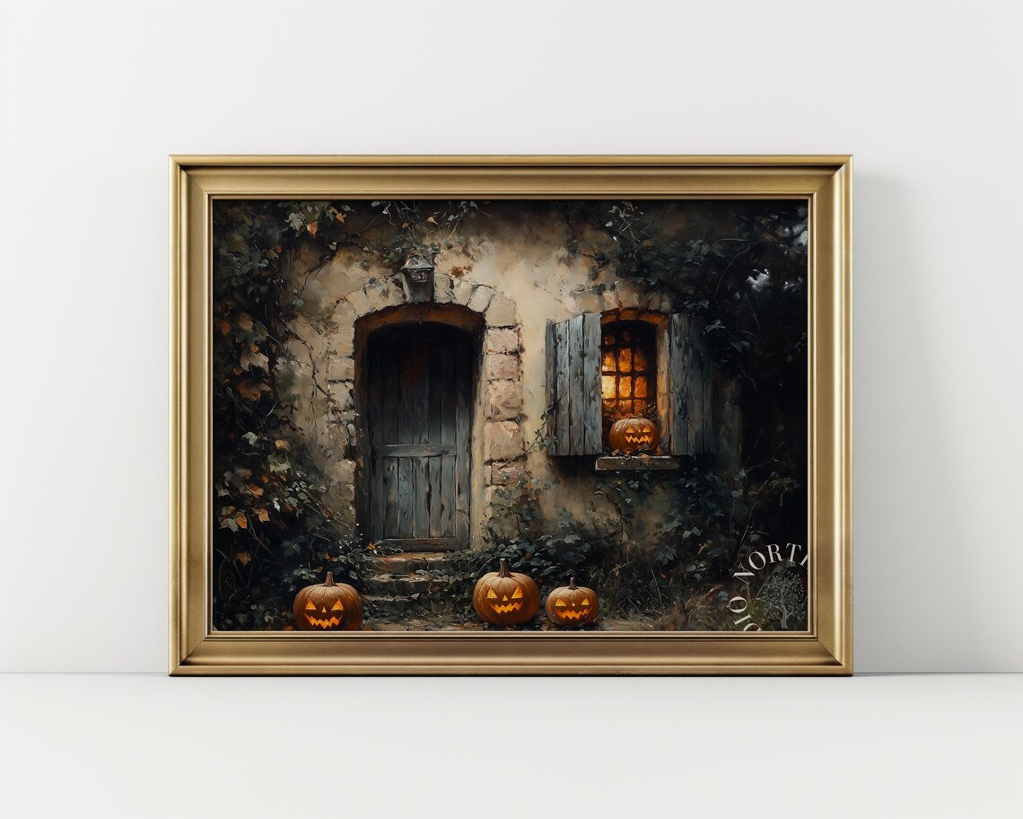 Rustic Autumn Cottage, Vintage Halloween Art Print