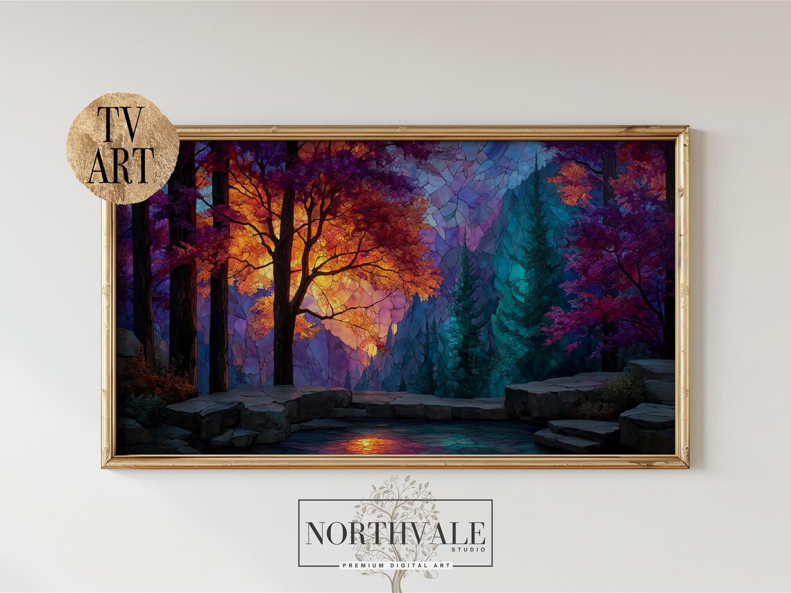 Stained Glass Autumn Forest Sunset Landscape Digital Art Poster