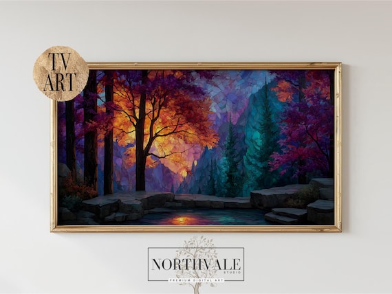 Stained Glass Autumn Forest Sunset Landscape Digital Art Poster