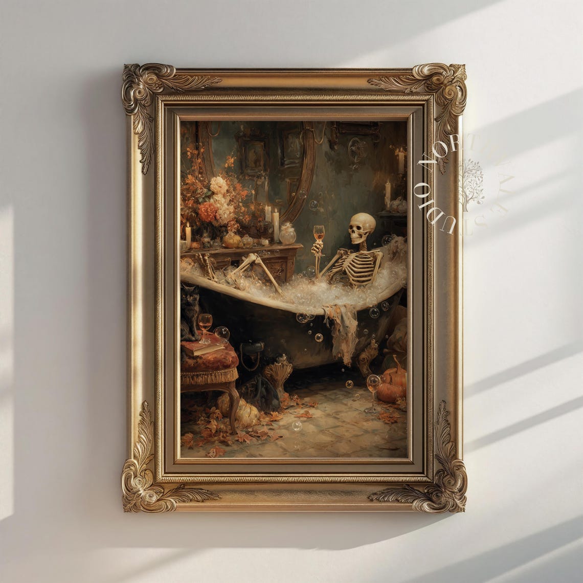 Skeleton Wine Bubble Bath Autumn Candles Gothic Oil Painting Poster