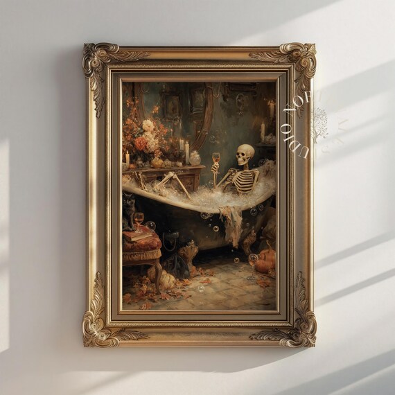 Vintage Skeleton Oil Painting Rustic Antique Decor Gothic Wall Art Eerie Lounge Scene Halloween Home 110