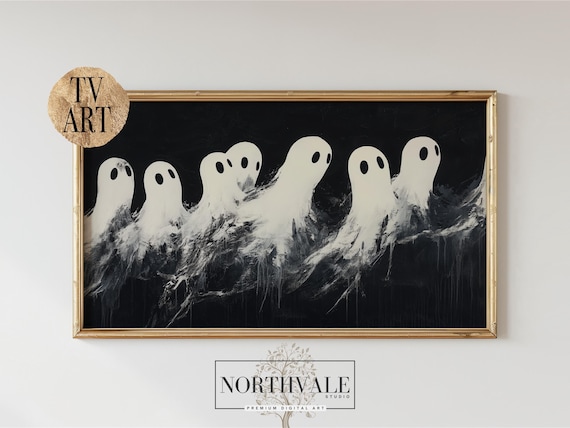 Seven White Ghosts on Black Minimalist Spooky Halloween Poster