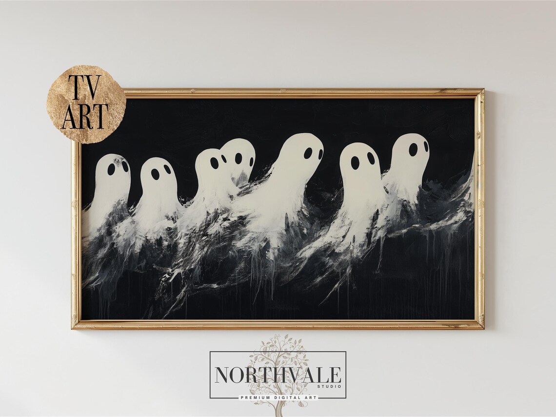 Minimalist Ghosts Tv Art For Frame Spooky Black White Decor Halloween Wall Haunted House 82
