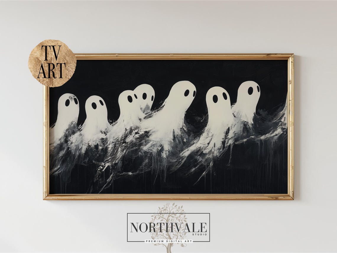 Seven White Ghosts on Black Minimalist Spooky Halloween Poster