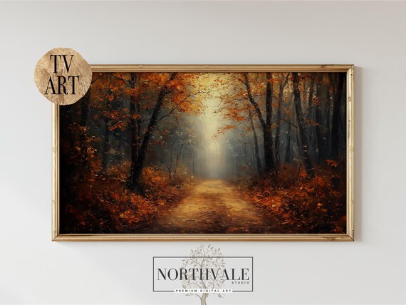 Autumn Forest Pathway Frame Tv Art Shadowy Landscape Painting For Rustic Fall Decor Earthy Samsung 9