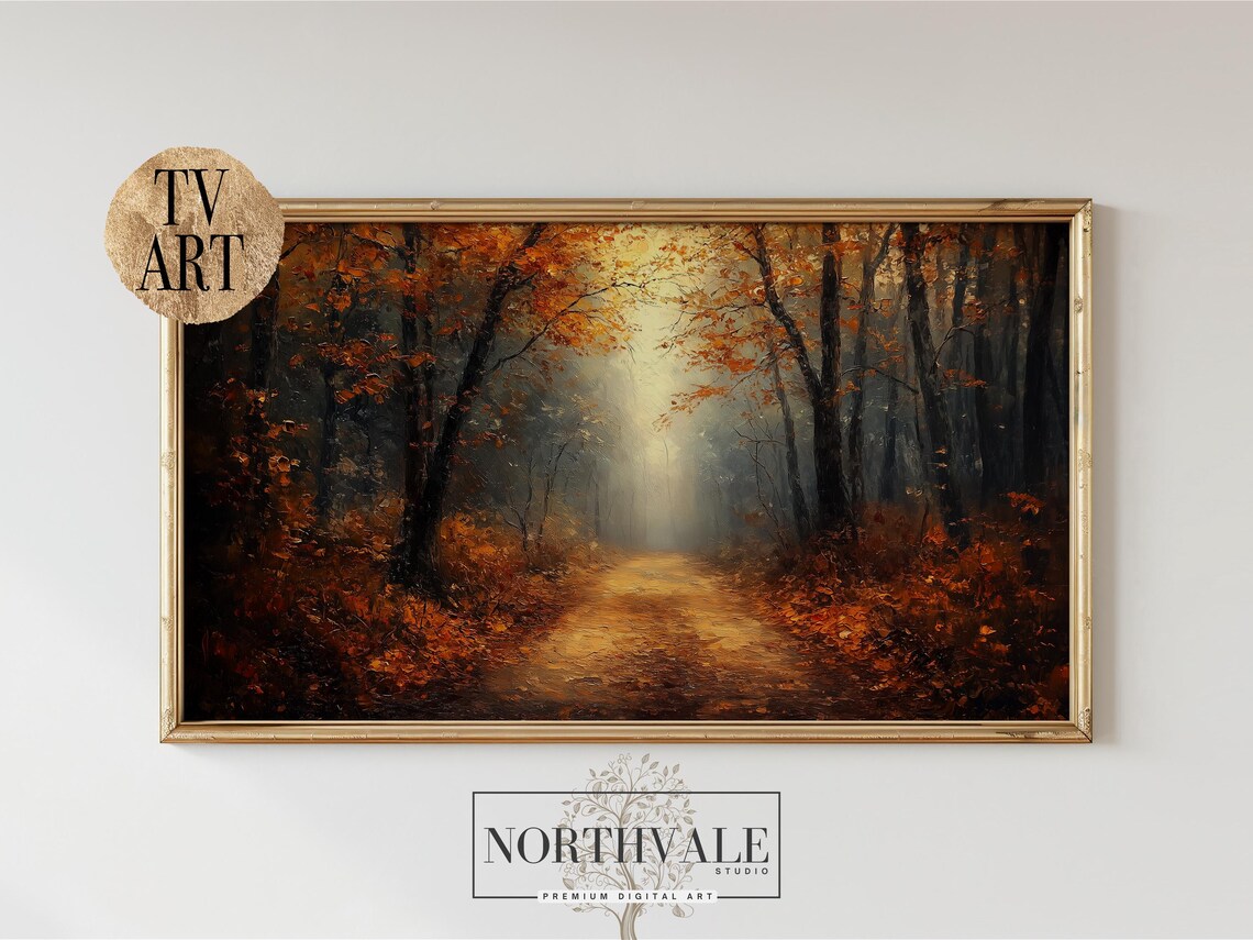 Autumn Forest Pathway Frame Tv Art Shadowy Landscape Painting For Rustic Fall Decor Earthy Samsung 9