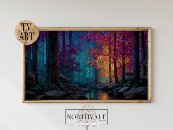 Enchanting Forest Stream Stained Glass Style Nature TV Art Poster