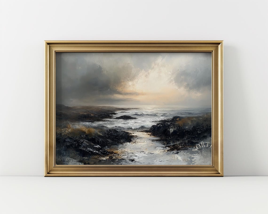 Moody Rocky Coast at Dusk with Soft Golden Horizon Light Poster