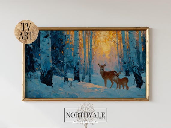 Winter Forest Landscape Art For Tv Deer Family In Snow Birch Trees Rustic Frame Cosy Country Decor 101