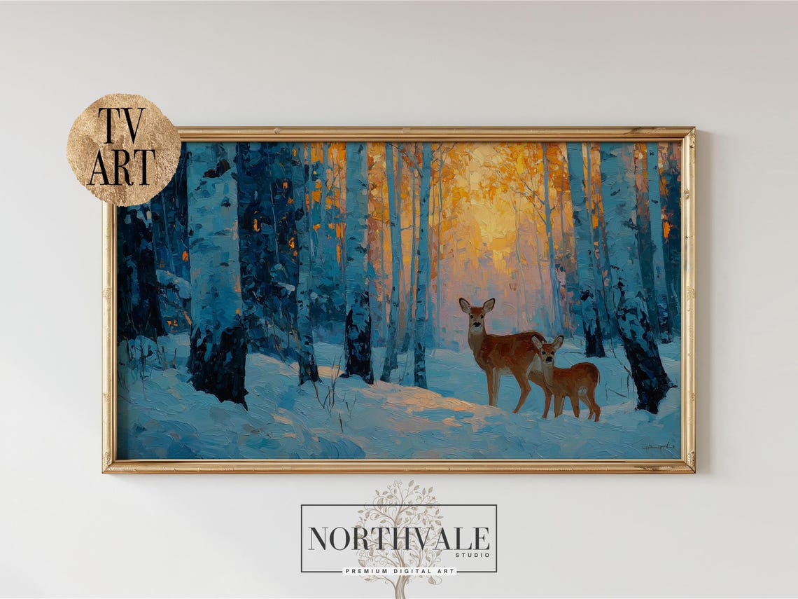 Deer in Snowy Birch Forest Golden Sunset Winter Painting Poster