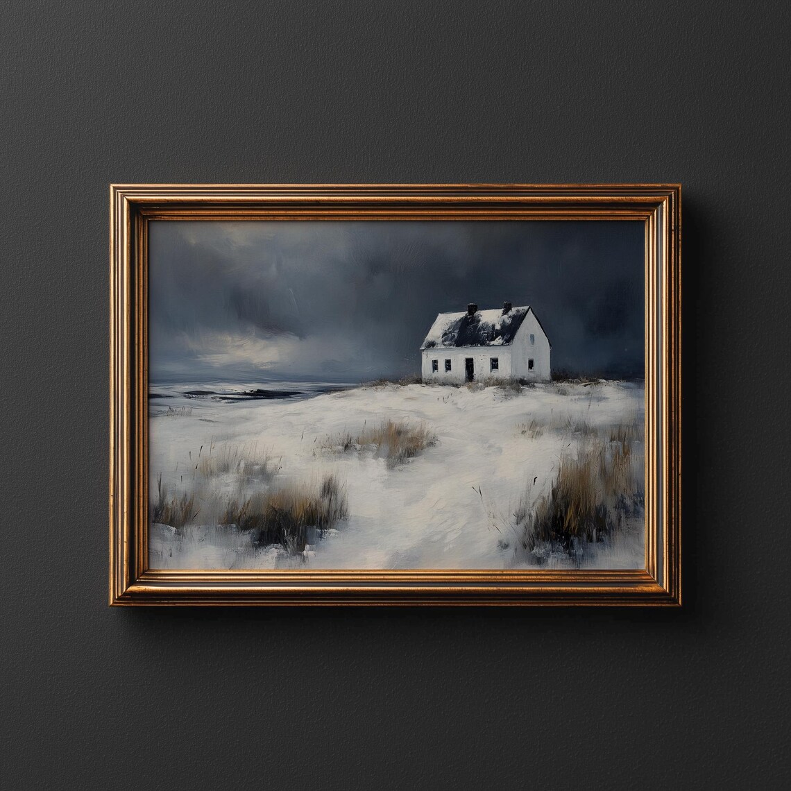 Winter White Cottage in Snowy Field Moody Monochrome Oil Painting Poster