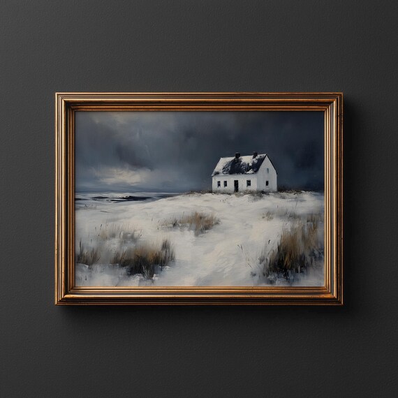 Winter White Cottage in Snowy Field Moody Monochrome Oil Painting Poster