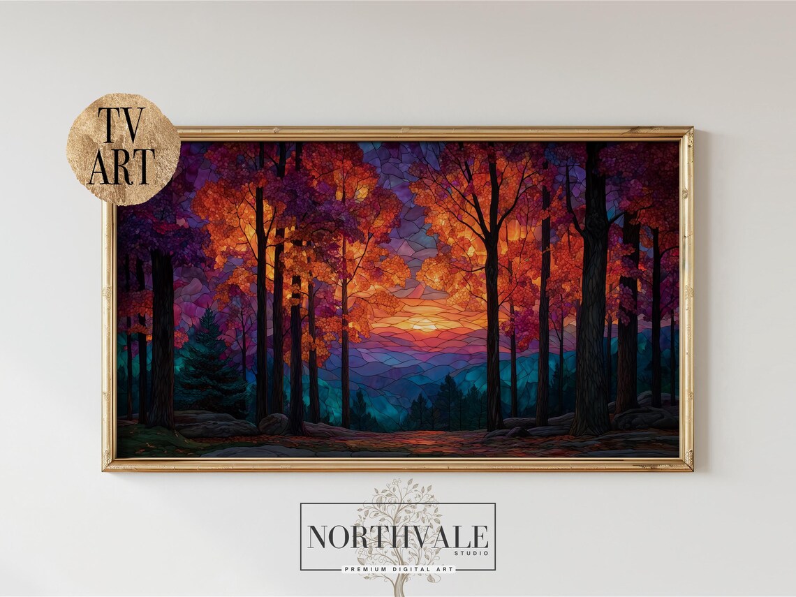 Autumn Sunset Frame Tv Art Colorful Stained Glass Style Moody Tree Landscape Vibrant Fall Wall Decor 143