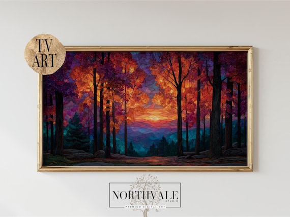 Autumn Sunset Frame Tv Art Colorful Stained Glass Style Moody Tree Landscape Vibrant Fall Wall Decor 143