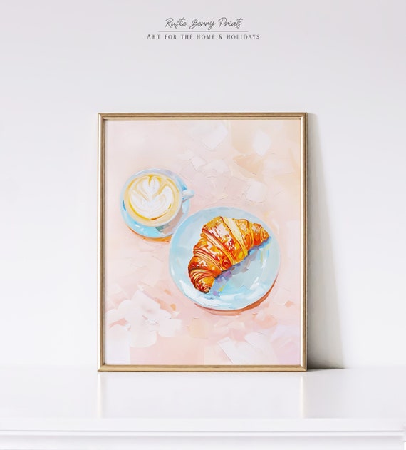Croissant And Coffee Art Print Wall Art Kitchen Decor Croissant Poster Trendy Wall Art Foodie Art Latte Art
