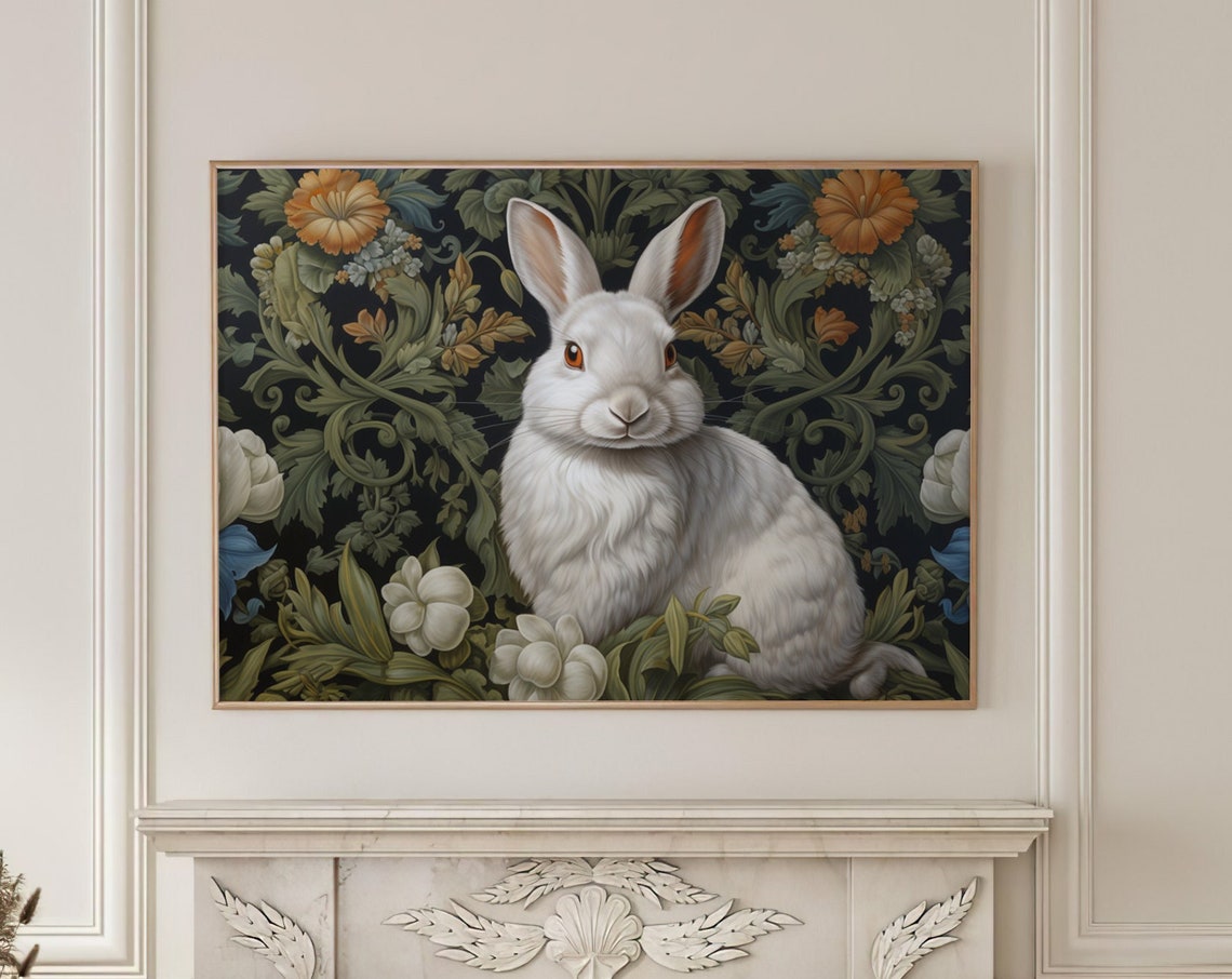 White Rabbit In Dark Botanical Garden With Orange Blooms Poster