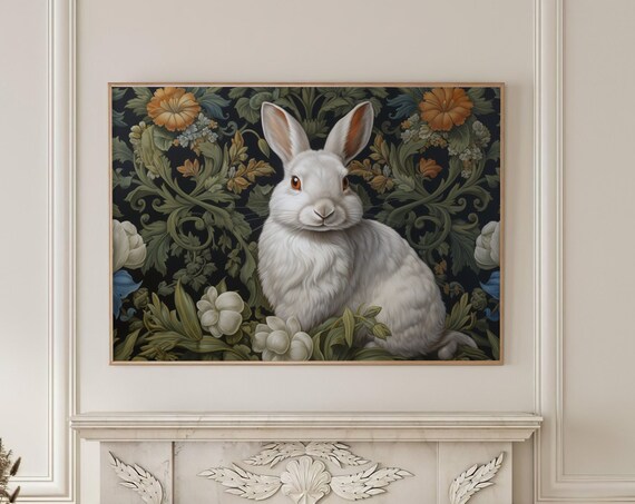 White Rabbit In Dark Botanical Garden With Orange Blooms Poster