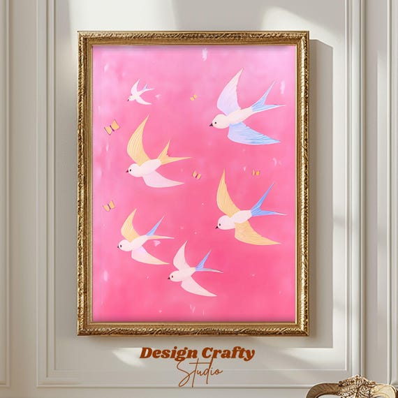Pink Birds Butterflies Wall Art Feminine Abstract Pastel Print Instant