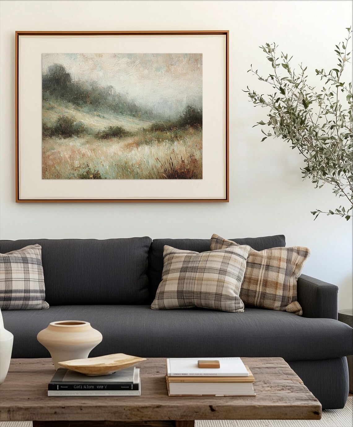 Abstract Landscape Scenery Print Vintage Meadow Neutral Painting Moody Countryside Art - Image 2