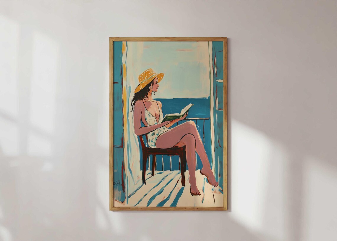 Woman Reading on Seaside Balcony Fauvist Style Coastal Art Poster